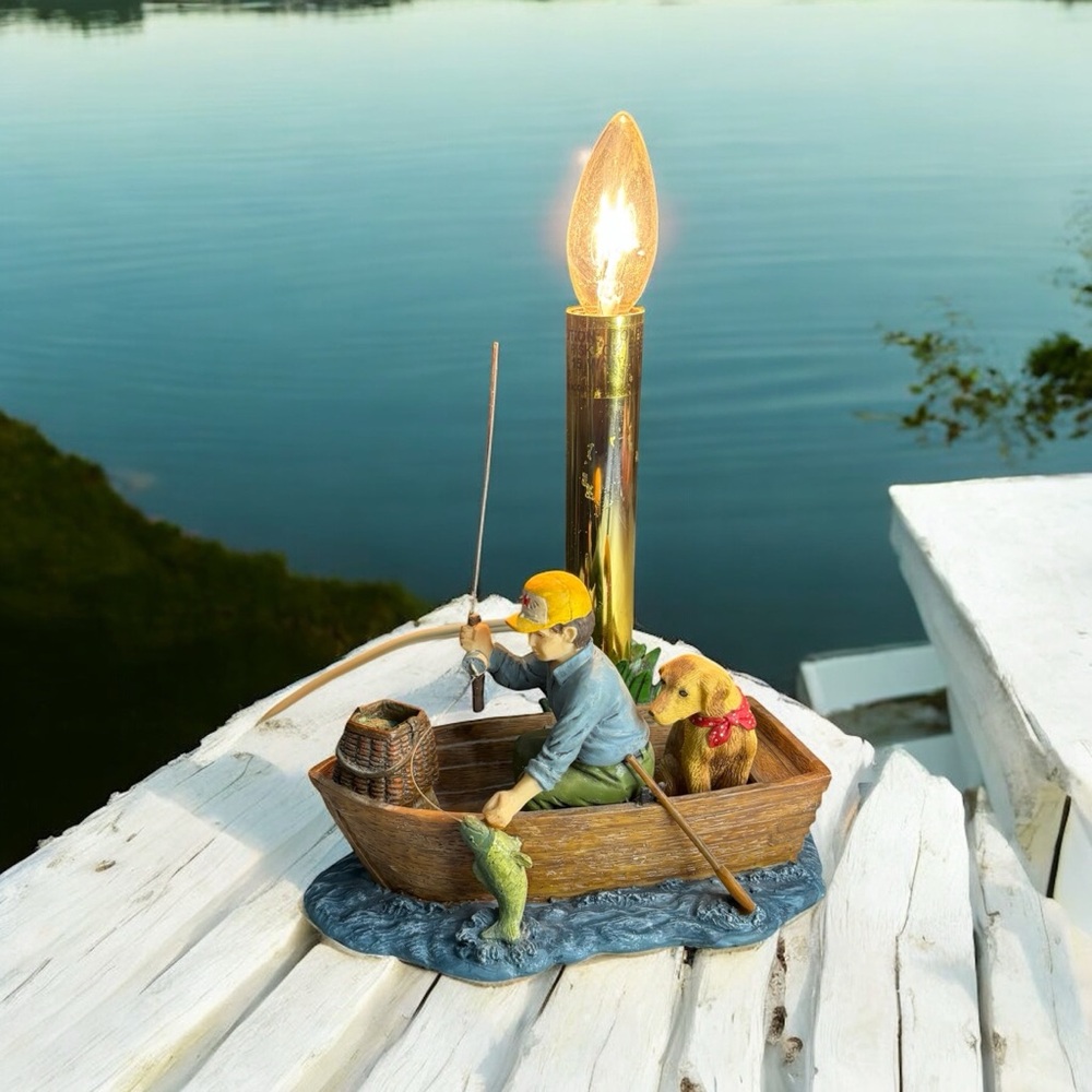 Vintage JSNY Decorative Fisherman Table Accent Lamp Night Light Row Boat Dog